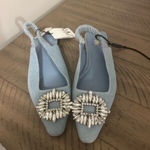 Zara Light Blue Slingback Flats with Crystal Detail